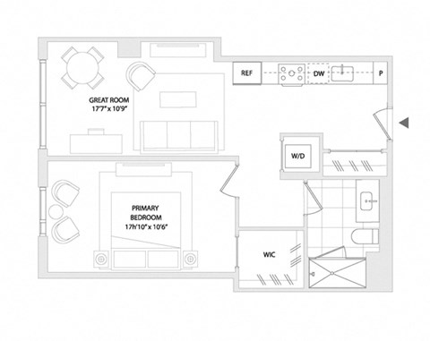 Floor plan for 1 bed, 1 bath, 684 sqft